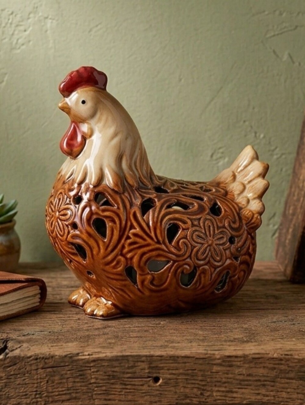 Vintage Ceramic Chicken Brown Red Heavy Glaze Farmhouse Country